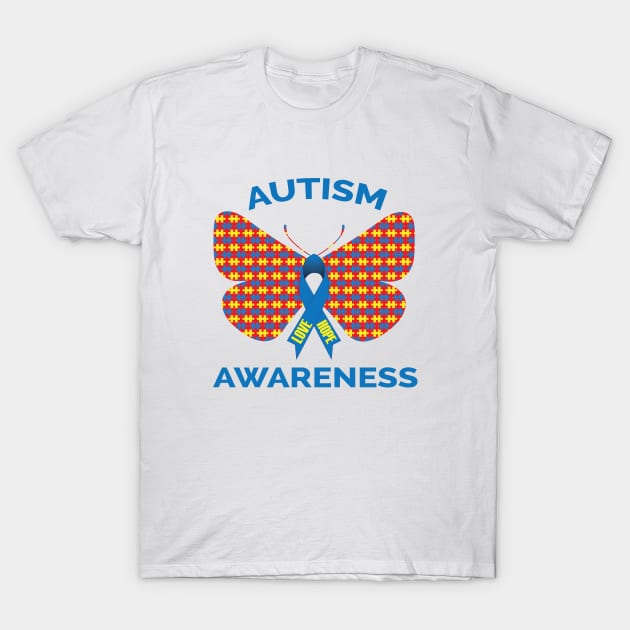 Autism Awareness Puzzle Piece Butterfly Ribbon T-Shirt by mstory